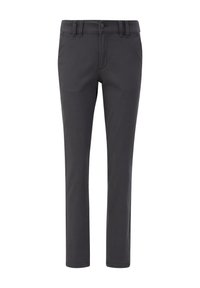 Pantaloni slim-fit grigi realizzati in tessuto misto cotone. Presentano una chiusura con zip, passanti per cintura e tasche frontali. Tessuto liscio con dettagli di cucitura minimi.