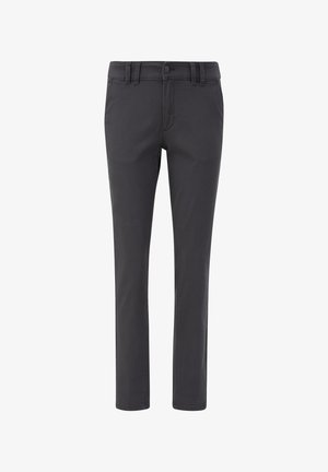 Pantalons slim gris en tissu mélangé coton. Comprend une fermeture éclair, des passants de ceinture et des poches frontales. Texture lisse avec un minimum de détails de couture.