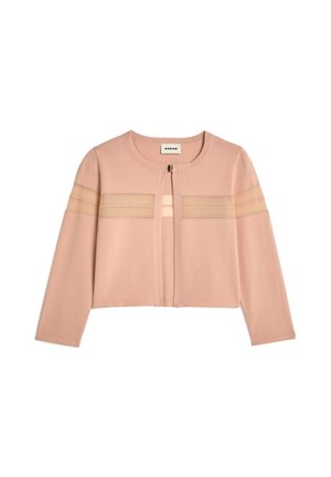 Rosa kurz geschnittene Strickjacke aus weichem Material, mit transparenten horizontalen Streifen und einem Verschluss vorne. Lange Ärmel und runder Ausschnitt.