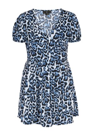 Rochie cu mâneci scurte, imprimeu leopard albastru și negru, decolteu în V, talie mulată și detalii cu nasturi în partea din față.