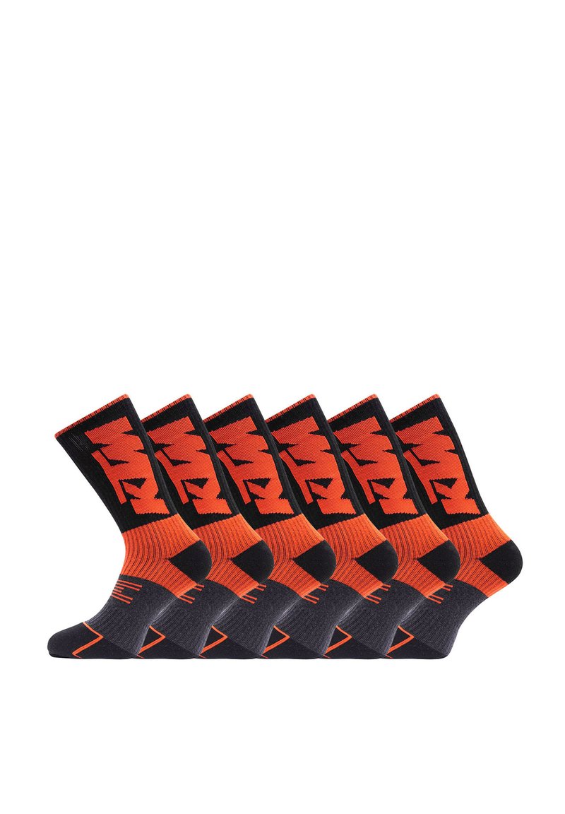Six paires de chaussettes mi-longues noires et orange vif, présentant des motifs géométriques, un talon renforcé et des poignets côtelés contrastés.