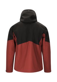 Röd och svart vattentät jacka med huva, med en färgblockerande design, slät textur och justerbara fållar.
