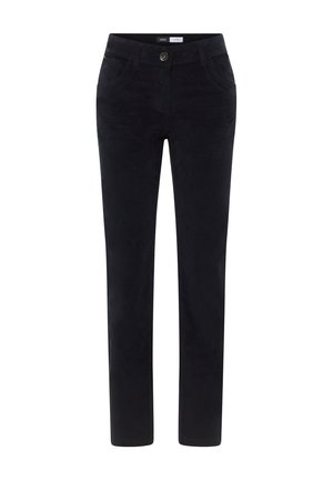 Pantalons bleu marine foncé en tissu doux, avec une coupe droite, des poches avant, une fermeture à bouton et des détails de couture subtils.