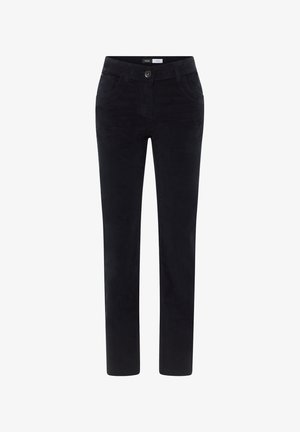 Dunkelmarineblaue Hosen aus weichem Stoff, mit einem geraden Bein Design, vorderen Taschen, einem Knopfverschluss und dezenten Nähdetails.