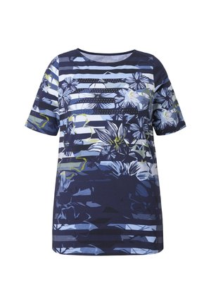 Chemise bleu marine à manches courtes avec des motifs floraux bleus et blancs, des rayures abstraites et de petits accents verts.