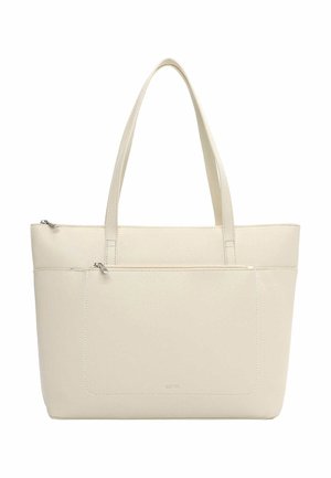 Kermanvärinen nahkainen olkalaukku, jossa on kaksinkertaiset kahvat, etupuolella vetoketjutasku ja hienovarainen brändipainatus laukku pohjan keskiosassa.