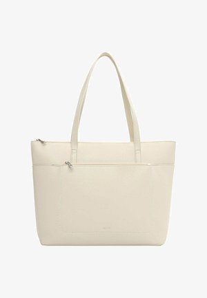 Cream-colored leather tote bag with dual handles, front zippered pocket, and subtle brand embossing at the bottom center.