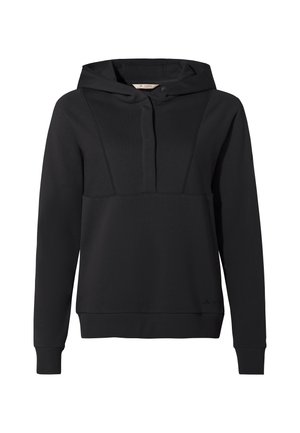 Schwarzer Kapuzenpullover aus weichem Material. Verfügt über eine halbe Knopfleiste, gerippte Bündchen und eine lässige Passform. Keine sichtbaren Muster oder Akzentuierungen.