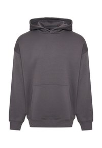 Grå hættetrøje lavet af blødt stof, med en frontlomme, snoretræk i hætten og ribbede manchetter og kant for bedre pasform.