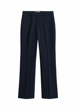 Marineblauwe getailleerde broek met riemlussen, voorzakken en een rechte pijp, op een witte achtergrond.