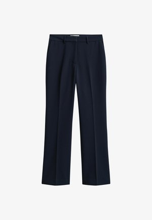 Marineblauwe getailleerde broek met riemlussen, voorzakken en een rechte pijp, op een witte achtergrond.