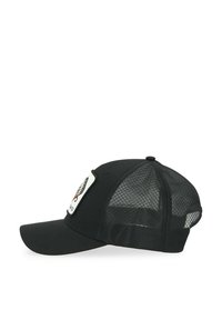 Cappellino da baseball nero con visiera curvata, retro in rete e una toppa con un design sul pannello anteriore sinistro.
