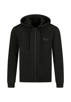 Czarna bluza z kapturem na zamek błyskawiczny, z troczkiem, rękawami raglanowymi oraz tonalną naszywką z logo na piersi. Miękka tkanina o gładkiej strukturze.