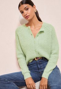 Hellgrüne Strickjacke mit strukturiertem Muster, Knopfverschluss und gerippten Bündchen, kombiniert mit blauen Jeans und braunem Gürtel.