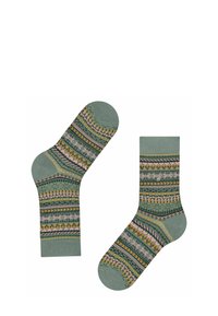 Zielone skarpety w wzory z paskami w odcieniach różu, żółci i ciemnej zieleni, ozdobione skomplikowanymi kwiatowymi i geometrycznymi wzorami.