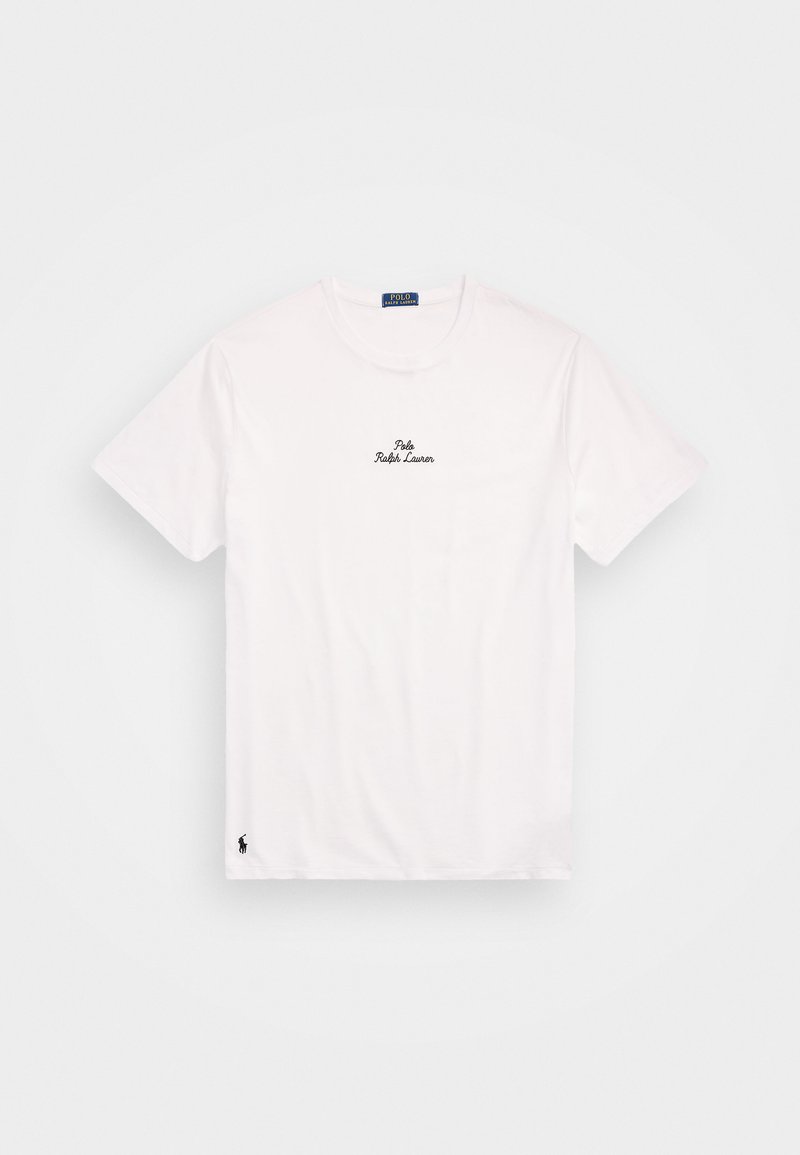 White short-sleeve t-shirt made of cotton. Features a small black "Polo Ralph Lauren" logo on the chest and a black horse emblem at the hem.