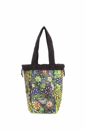 Borsa tote con manici neri e motivo floreale colorato in tonalità di verde, arancione, viola e blu, con chiusura a coulisse nella parte superiore.