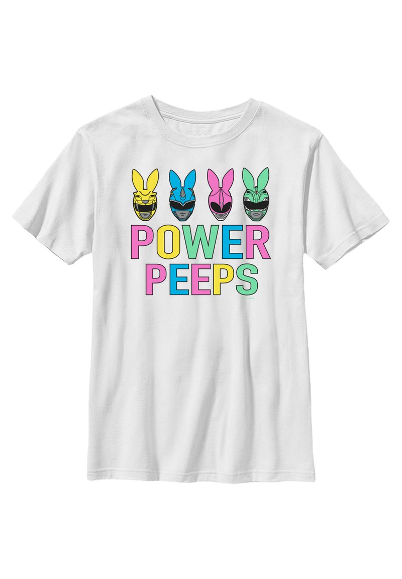 Bílá tričko s čtyřmi barevnými karikaturními maskami s králičími ušima. Pod maskami je text "POWER PEEPS" v tučných, vícebarevných písmenech.