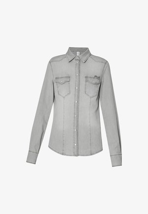 Grijze denim overhemd met lange mouwen, knoopsluiting aan de voorkant, spitse kraag, twee borstzakken en subtiele stiksels.