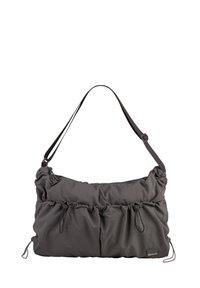Gray, soft-shell bag with a gathered texture, adjustable strap, and cinching details. Features a subtle logo patch.