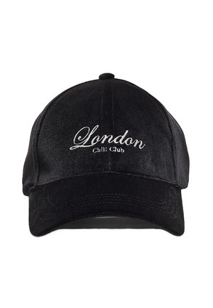 Black cap made of soft material featuring embroidered text "London Chill Club" in white. The design includes a curved brim and six-panel structure.