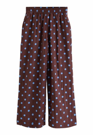 Brown wide-leg pants with light blue polka dots and elastic waistband, front pleats, and side pockets.