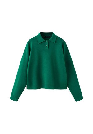 Pull vert en maille à manches longues avec un col et deux boutons au niveau de l'encolure, présenté sur fond blanc.