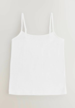 Top in camicia bianco con spalline sottili regolabili, realizzato in tessuto morbido, caratterizzato da un design semplice e liscio e orlo dritto.