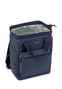 Bolsa insulated de lunares azul marino con doble asa, cierre con cremallera y forro interiorplateado. Cuenta con un bolsillo frontal y tela duradera.