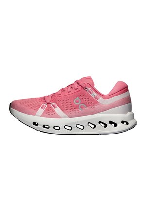 Pinkfarbiger Sportschuh mit weißer, gepolsterter Sohle mit schwarzen ovalen Aussparungen und seitlichem Logo, entwickelt zum Laufen oder für den Freizeitgebrauch.