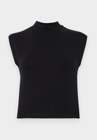 Top noir sans manches avec un col haut. Fabriqué en tissu doux, il présente un design ajusté et une texture lisse sans motifs ni accents visibles.