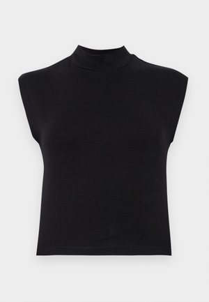 Black sleeveless top with a high neckline. Made of soft fabric, featuring a fitted design and smooth texture with no visible patterns or accents.