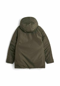 Parka-jacka i mörkgrön. Har en avtagbar huva, långa ärmar och en slät, matt yta. Dragkedja i botten för justerbarhet.