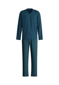 Ensemble de pyjama deux pièces comprenant un haut à manches longues de couleur teal foncé uni avec une poche et un pantalon à motifs dans des teintes de teal et bleu coordonnées.