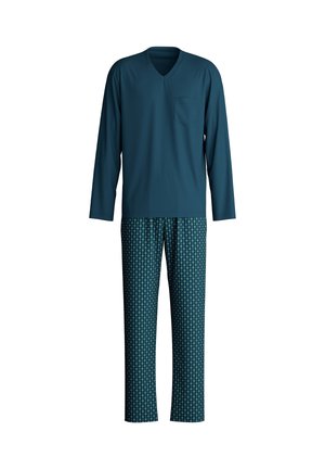 Twee-delig pyjama set met een effen donkerblauwe lange mouw top met een zak en gestreepte broek in bijpassende blauwtinten.