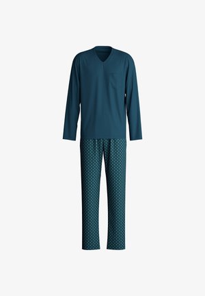Two-piece pajama set featuring a solid dark teal long-sleeve top with a pocket and patterned pants in coordinating teal and blue hues.