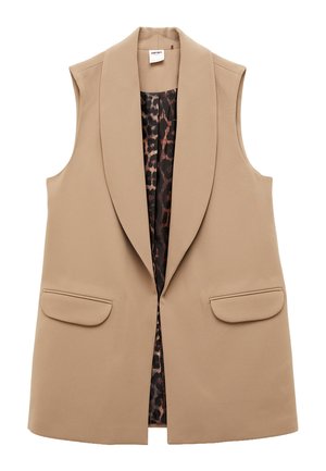 Ärmellose beige Blazerweste mit weitem Revers, zwei vorderen Klappentaschen und einem inneren Futter mit Leopardenmuster.