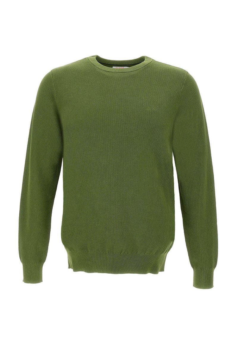 Maglione verde con scollo rotondo, maniche lunghe e polsini e orlo a costine; realizzato in tessuto a maglia texture.