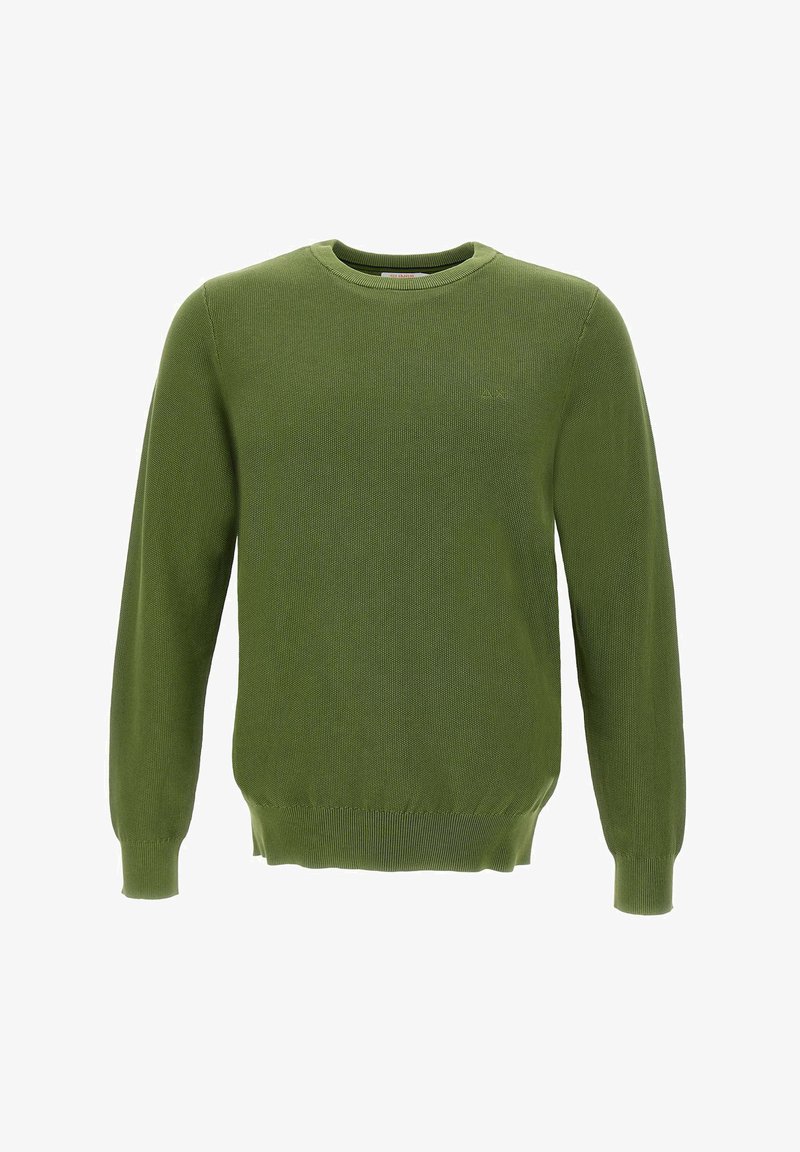 Maglione verde con scollo rotondo, maniche lunghe e polsini e orlo a costine; realizzato in tessuto a maglia texture.