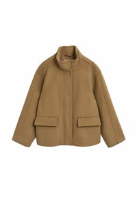 Brown wool blend jacket with a high collar, two front pockets, and a relaxed fit. Features clean lines and a smooth texture.
