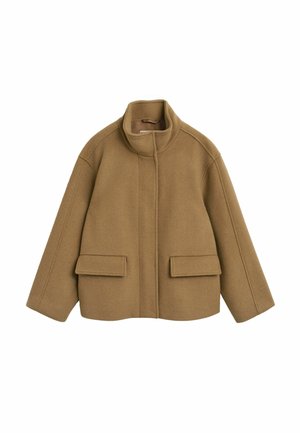 Brown wool blend jacket with a high collar, two front pockets, and a relaxed fit. Features clean lines and a smooth texture.