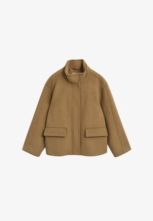Braune Wollmischung Jacke mit hohem Kragen, zwei Fronttaschen und lockerer Passform. Sie zeichnet sich durch klare Linien und eine glatte Textur aus.