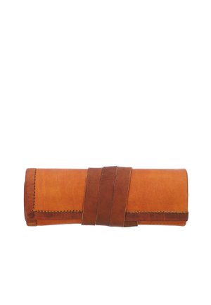 Brown leather roll-up case with smooth texture and stitched edges. Features a darker leather strap for secure closure. Classic rectangular shape.