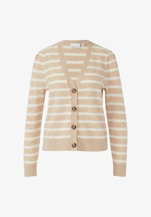 Beżowy i biały, poziomo prążkowany dziergany kardigan z długimi rękawami i czterema brązowymi guziczkami w wzór żółwia z przodu.