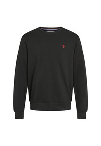 Sweatshirt noir en tissu doux, avec un col rond, des manches longues, des poignets et un ourlet côtelés, et un petit logo rouge sur la poitrine.