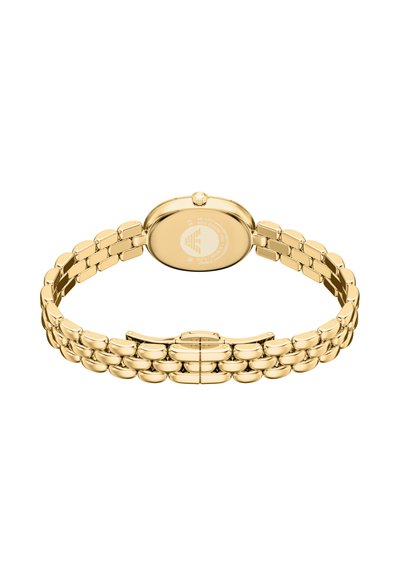 Gold wristwatch with a polished metal band. Oval watch face with a single crown; smooth links and adjustable clasp. Features an engraved logo.