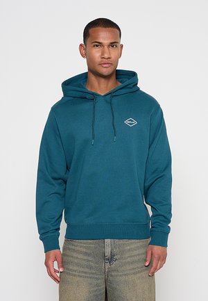 Mann mit türkisblauem Hoodie mit vorderem „Replay“-Logo und ausgewaschenen grauen Jeans, stehend vor einem einfarbigen hellgrauen Hintergrund.