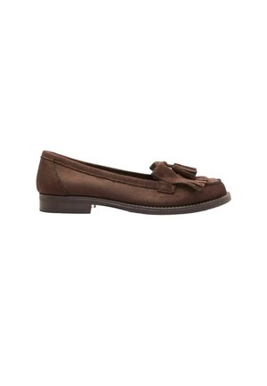 Brauner Wildleder-Slipper mit Quaste- und Fransen-Details, niedrigem Absatz und genähter Sohle, seitlich auf weißem Hintergrund gezeigt.