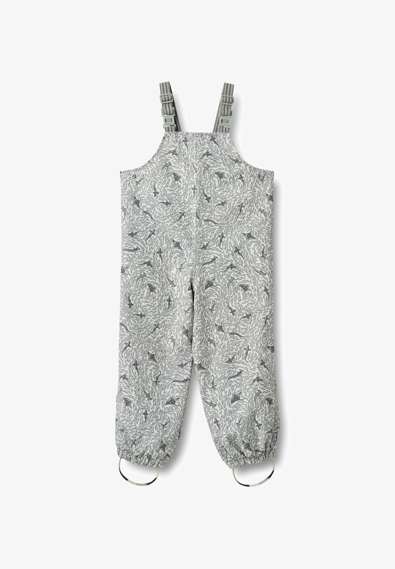 Combinaisons grises pour enfants avec motifs de créatures marines, bretelles réglables, poignets élastiques et étriers pour pieds sur fond blanc.