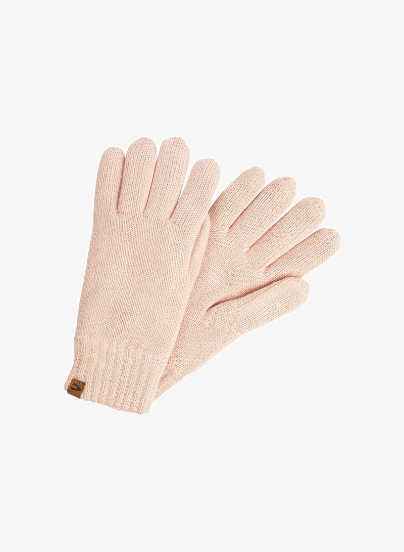 Gestrickte Handschuhe in hellrosa mit einem engen Bündchen am Handgelenk. Sie verfügen über ein fünf Finger Design und ein kleines braunes Etikett im Handgelenkbereich zur Detailverzierung.
